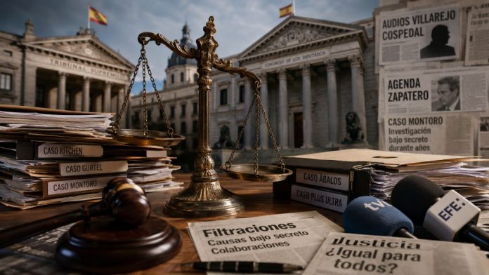 Balanza de justicia inclinada sobre expedientes judiciales y micrófonos, con el Tribunal Supremo, el Congreso y titulares sobre filtraciones y casos políticos al fondo.