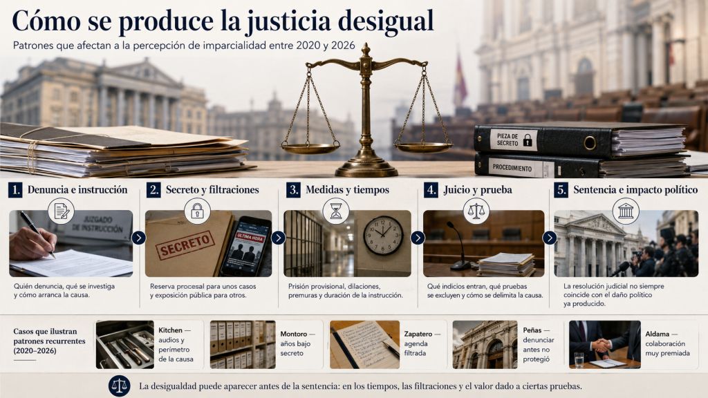 Esquema visual de las fases de un proceso judicial —denuncia, secreto, medidas cautelares, juicio y sentencia— con ejemplos de filtraciones, audios, tiempos de instrucción y repercusión política.