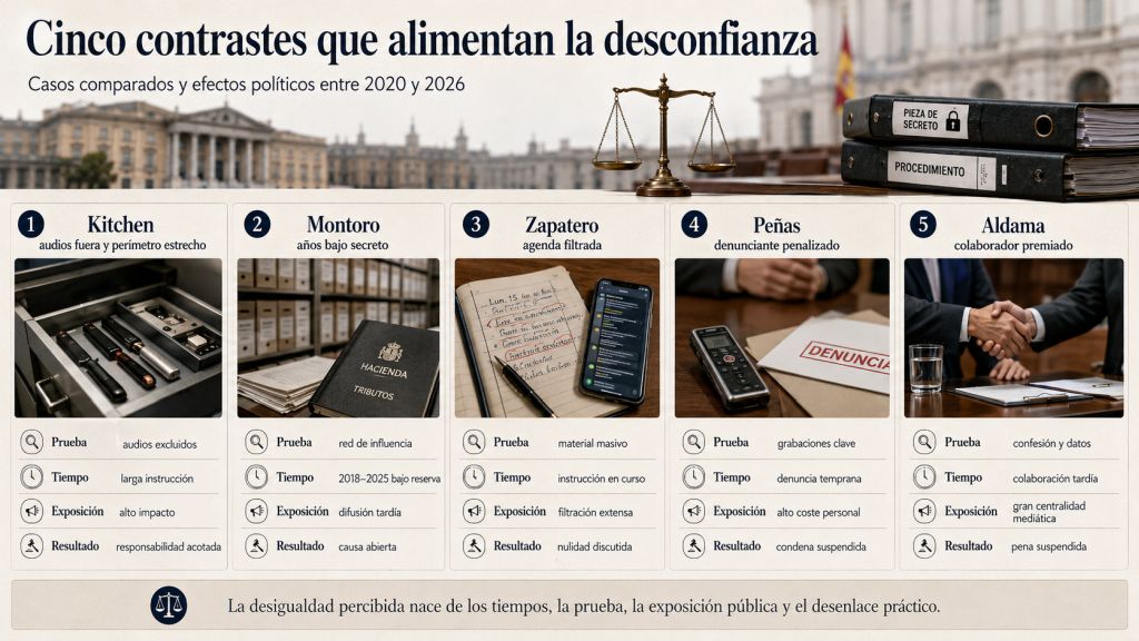 Comparativa visual entre los casos Kitchen, Montoro, Zapatero, José Luis Peñas y Víctor de Aldama según prueba, tiempos, exposición pública y resultado práctico.