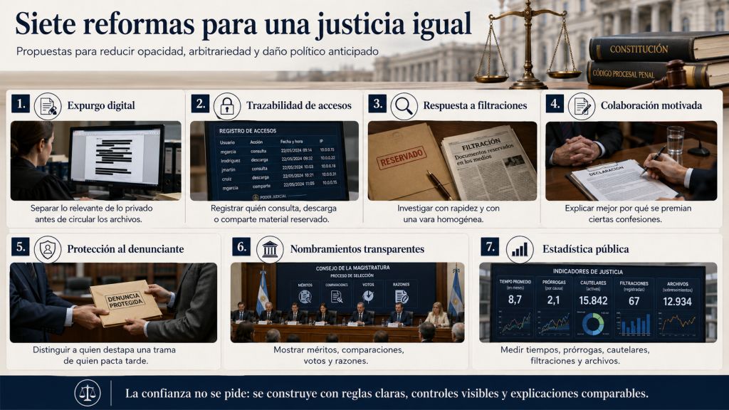 Infografía con siete propuestas para reforzar la igualdad judicial: expurgo digital, control de accesos, respuesta a filtraciones, colaboración motivada, protección al denunciante, nombramientos transparentes y estadísticas públicas.