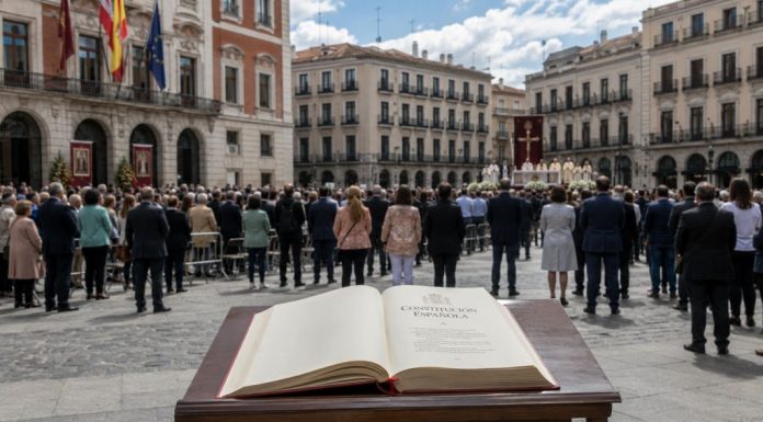 Laicidad pendiente: cuando se confunde respeto con pleitesía Constitución Española abierta en primer plano ante una ceremonia cívico-religiosa en una plaza institucional, como símbolo del debate sobre la laicidad pendiente y la neutralidad del Estado.
