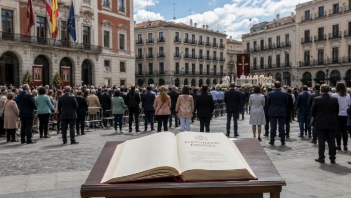Constitución Española abierta en primer plano ante una ceremonia cívico-religiosa en una plaza institucional, como símbolo del debate sobre la laicidad pendiente y la neutralidad del Estado.