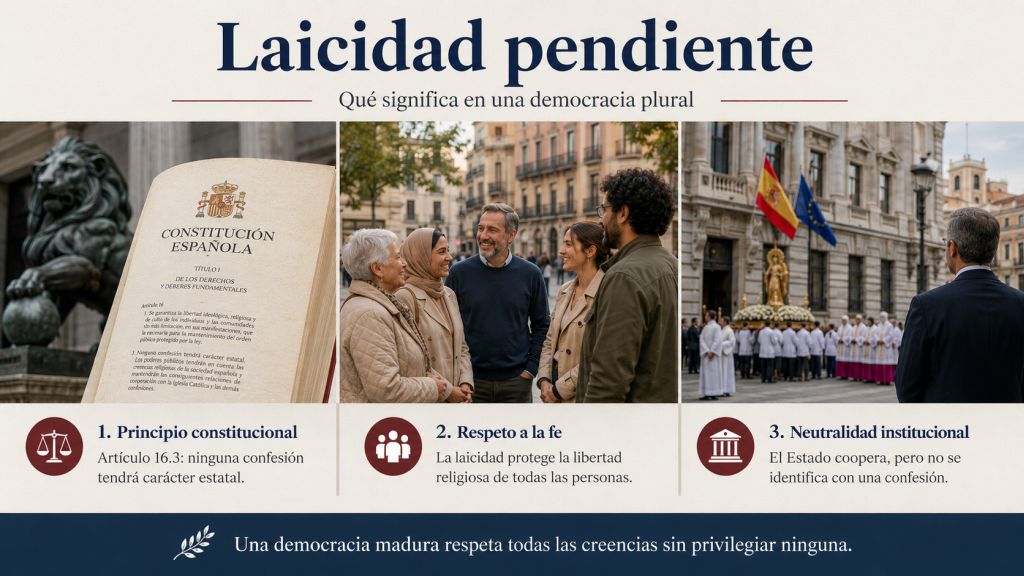 Infografía sobre la laicidad pendiente en una democracia plural, con tres ideas principales: principio constitucional, respeto a la libertad religiosa y neutralidad institucional del Estado.