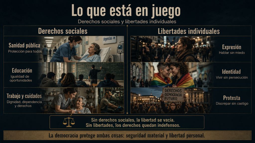 Infografía que muestra la relación entre derechos sociales y libertades individuales, con escenas de sanidad, educación, cuidados, expresión, identidad y protesta democrática.