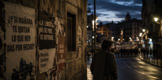 Miedo democrático: cuando la libertad vuelve a parecer vulnerable Persona caminando de noche por una calle urbana en penumbra, junto a carteles sobre libertad, memoria y derechos, como símbolo del miedo democrático ante la pérdida de libertades.