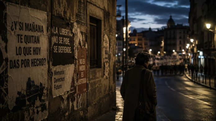 Persona caminando de noche por una calle urbana en penumbra, junto a carteles sobre libertad, memoria y derechos, como símbolo del miedo democrático ante la pérdida de libertades.