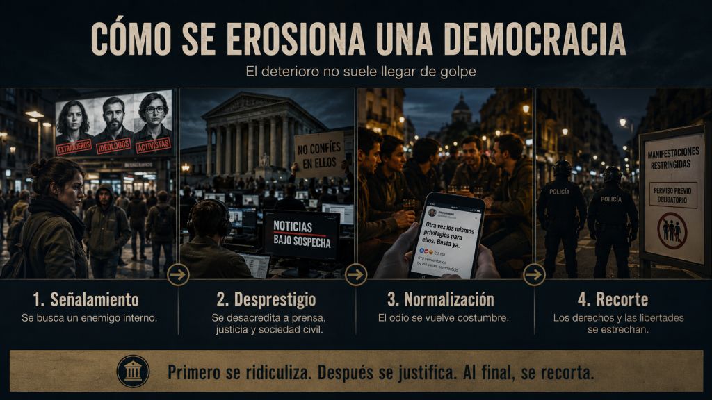 Infografía sobre cómo se erosiona una democracia, con escenas que representan el señalamiento de enemigos internos, el desprestigio de instituciones, la normalización del odio y el recorte de derechos.