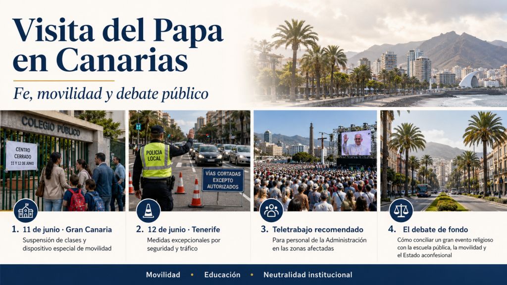 Infografía sobre la visita del Papa en Canarias, con escenas de colegios cerrados, cortes de tráfico, actos multitudinarios y debate sobre movilidad, educación y neutralidad institucional.