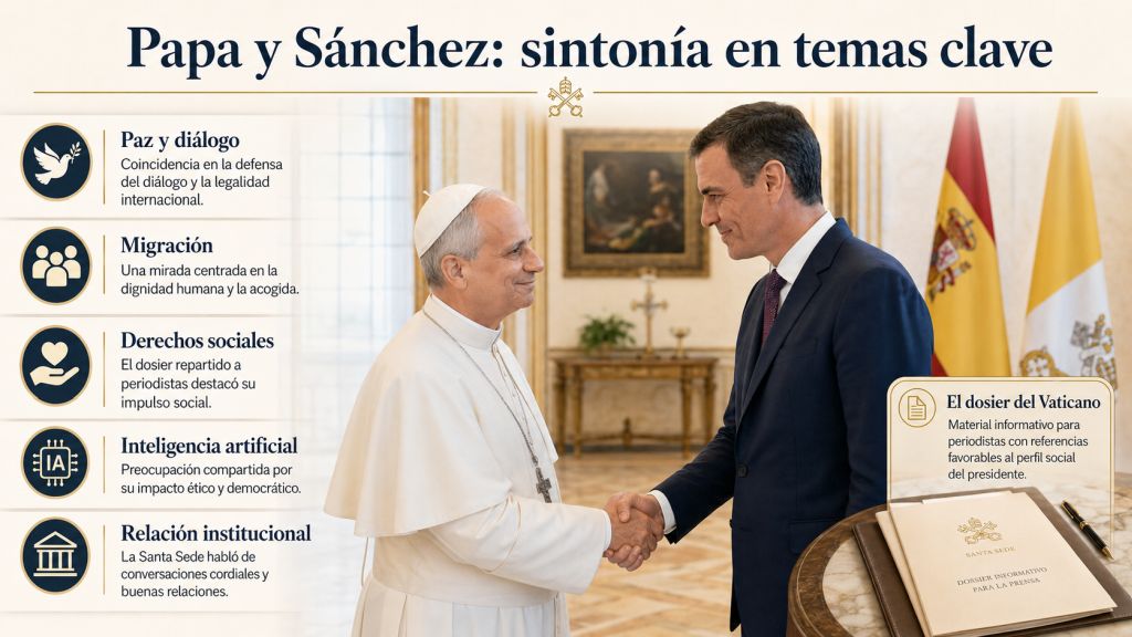 Infografía sobre la sintonía entre el papa León XIV y Pedro Sánchez, con una imagen central de ambos saludándose y cinco temas destacados: paz, migración, derechos sociales, inteligencia artificial y relación institucional.