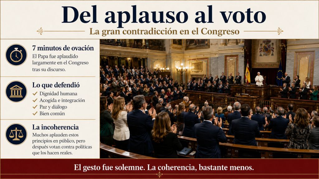 Infografía titulada “Del aplauso al voto”, con una imagen del Congreso aplaudiendo al Papa y tres ideas principales: los siete minutos de ovación, los valores defendidos en el discurso y la incoherencia de aplaudir esos principios mientras se vota contra políticas que los hacen reales.