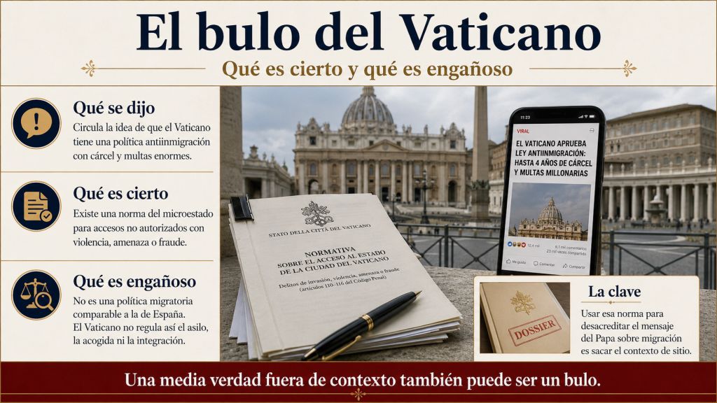 Infografía titulada “El bulo del Vaticano”, con una composición fotorrealista de la plaza de San Pedro, un documento normativo y una publicación viral en un móvil, que explica la diferencia entre una norma de seguridad interna del Vaticano y una política migratoria comparable a la de España.