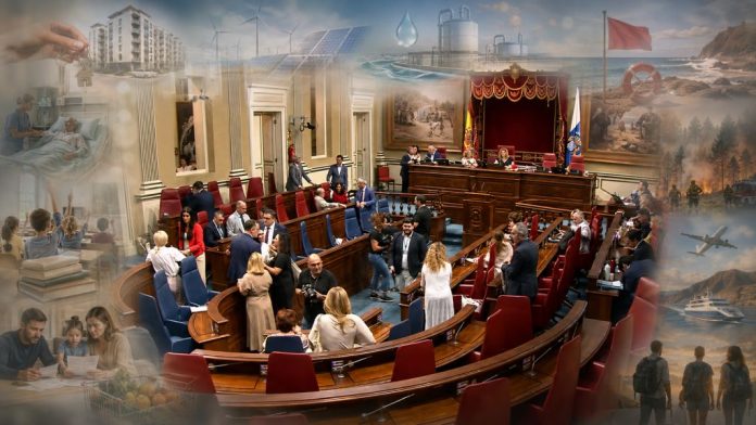 Salón de plenos del Parlamento de Canarias con alusiones difuminadas a vivienda, sanidad, educación, energía renovable, agua, costas, incendios, movilidad y juventud.