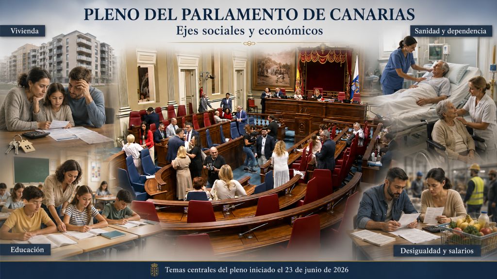 Infografía del Pleno del Parlamento de Canarias con el hemiciclo en el centro y escenas sobre vivienda, sanidad y dependencia, educación, desigualdad y salarios.