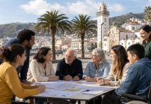 Reglamento de participación de Candelaria: democracia local Grupo diverso de vecinos y vecinas reunido en una plaza costera de Candelaria, dialogando sobre propuestas comunitarias con documentos y mapas sobre una mesa.