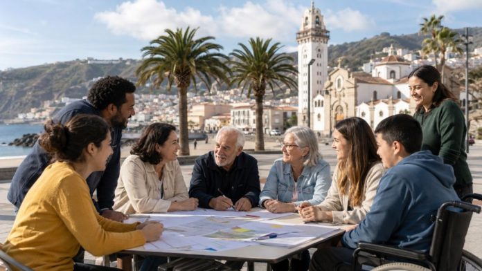 Grupo diverso de vecinos y vecinas reunido en una plaza costera de Candelaria, dialogando sobre propuestas comunitarias con documentos y mapas sobre una mesa.