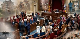 Pleno canario de junio: datos frente a la vida real Salón de plenos del Parlamento de Canarias con alusiones difuminadas a la vivienda, la sanidad, la infancia, la migración y la educación.