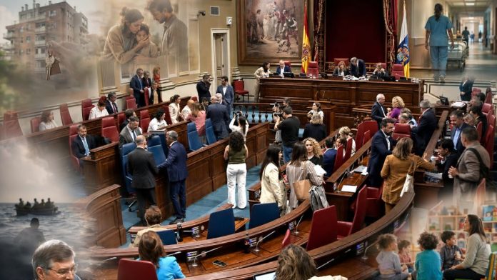 Pleno autonómico 2 Salón de plenos del Parlamento de Canarias con alusiones difuminadas a la vivienda, la sanidad, la infancia, la migración y la educación.