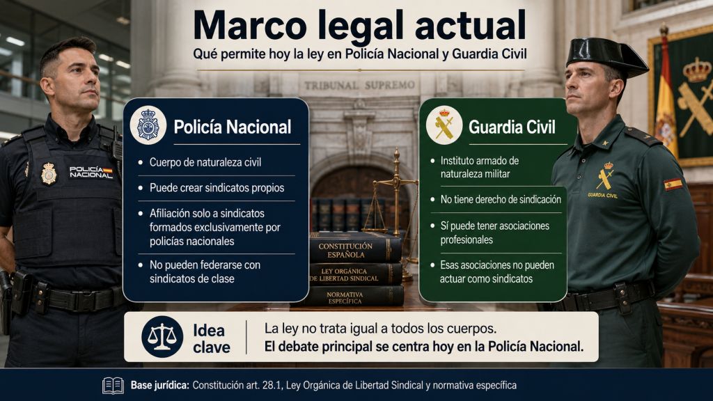Infografía comparativa sobre el marco legal actual de la Policía Nacional y la Guardia Civil en materia de sindicación y asociaciones profesionales.