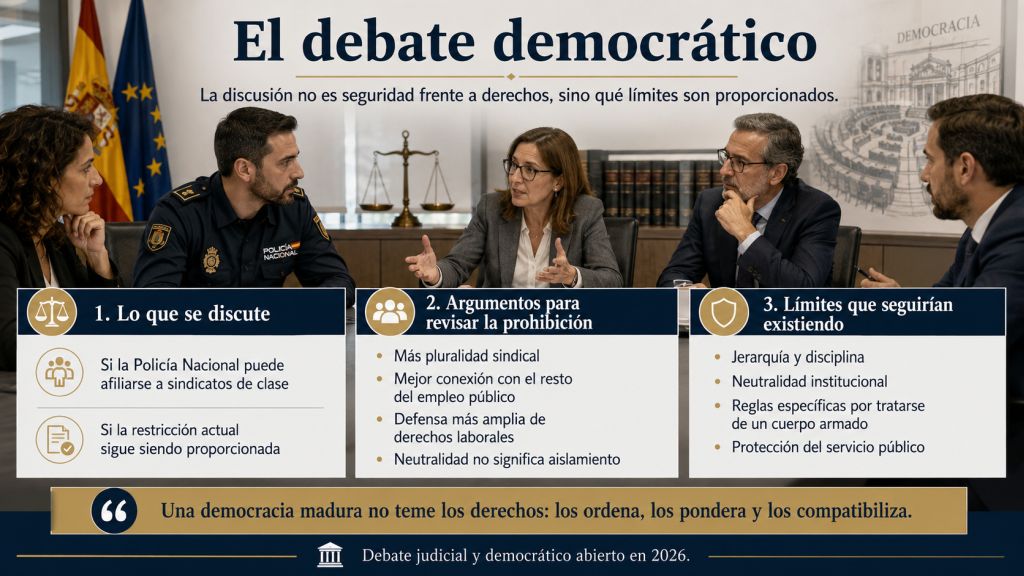 Infografía sobre el debate democrático de la afiliación de policías nacionales a sindicatos de clase y los límites compatibles con la seguridad pública.