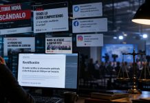 Derecho de rectificación: democracia frente a la mentira digital Persona frente a una pantalla con titulares digitales virales, una balanza de justicia y una sala de prensa desenfocada, como símbolo del derecho de rectificación frente a la desinformación.