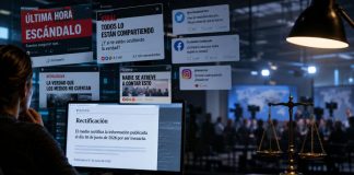 Derecho de rectificación: democracia frente a la mentira digital Persona frente a una pantalla con titulares digitales virales, una balanza de justicia y una sala de prensa desenfocada, como símbolo del derecho de rectificación frente a la desinformación.