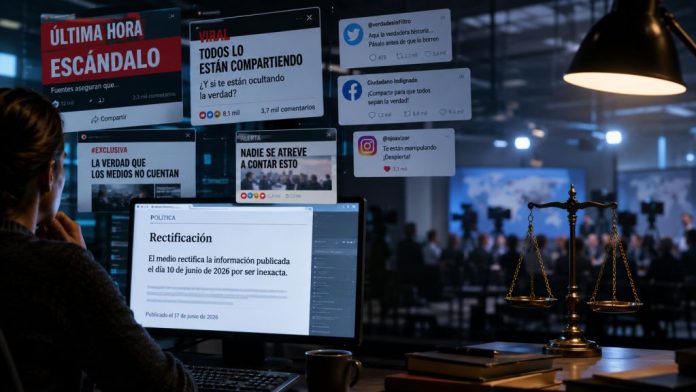 Persona frente a una pantalla con titulares digitales virales, una balanza de justicia y una sala de prensa desenfocada, como símbolo del derecho de rectificación frente a la desinformación.