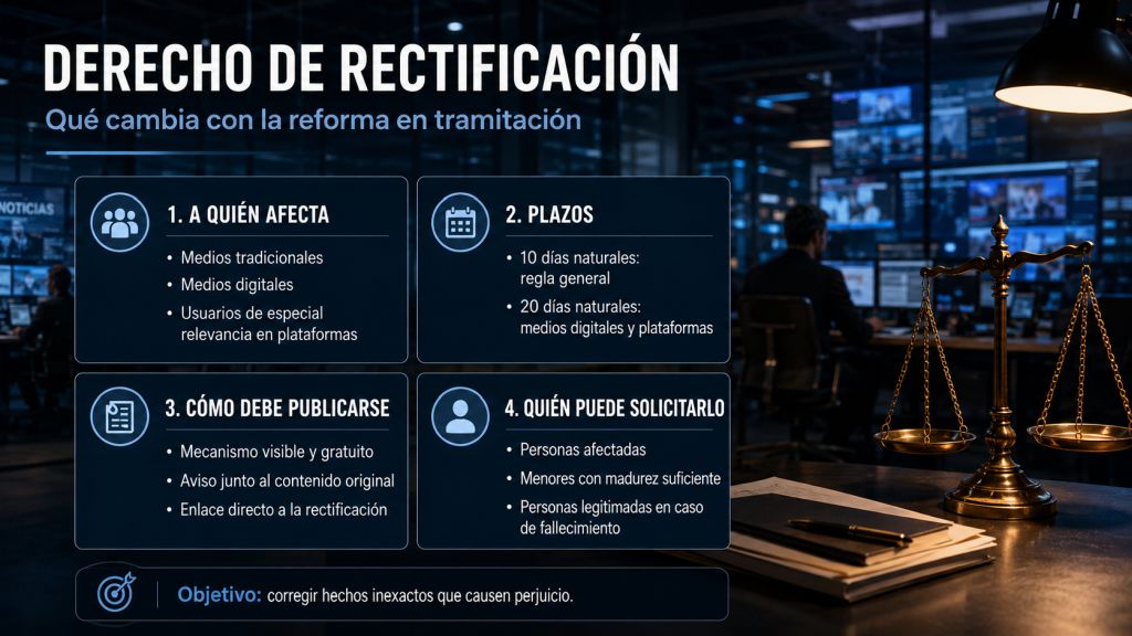 Infografía sobre el derecho de rectificación con una balanza de justicia y cuatro bloques explicativos sobre a quién afecta, plazos, publicación y personas legitimadas para solicitarlo.