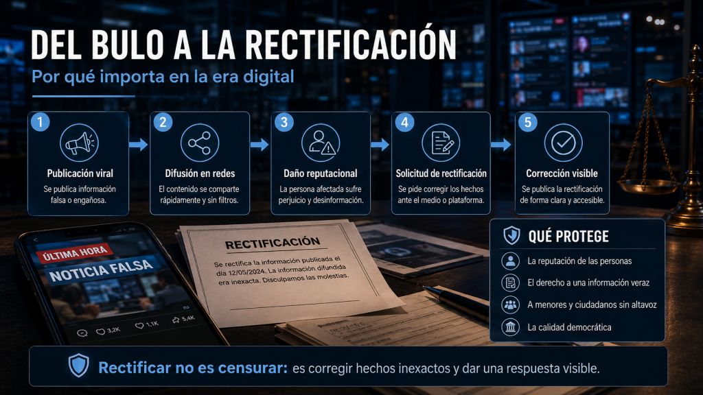 Infografía sobre el derecho de rectificación con una balanza de justicia y cuatro bloques explicativos sobre a quién afecta, plazos, publicación y personas legitimadas para solicitarlo.