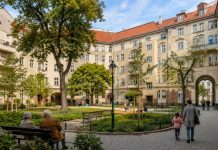 Vivienda pública en Viena: vivir no es un privilegio Patio interior de un complejo de vivienda pública en Viena, con edificios residenciales de estilo clásico, zonas verdes cuidadas, bancos y vecinos compartiendo un espacio común.