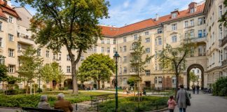 Vivienda pública en Viena: vivir no es un privilegio Patio interior de un complejo de vivienda pública en Viena, con edificios residenciales de estilo clásico, zonas verdes cuidadas, bancos y vecinos compartiendo un espacio común.