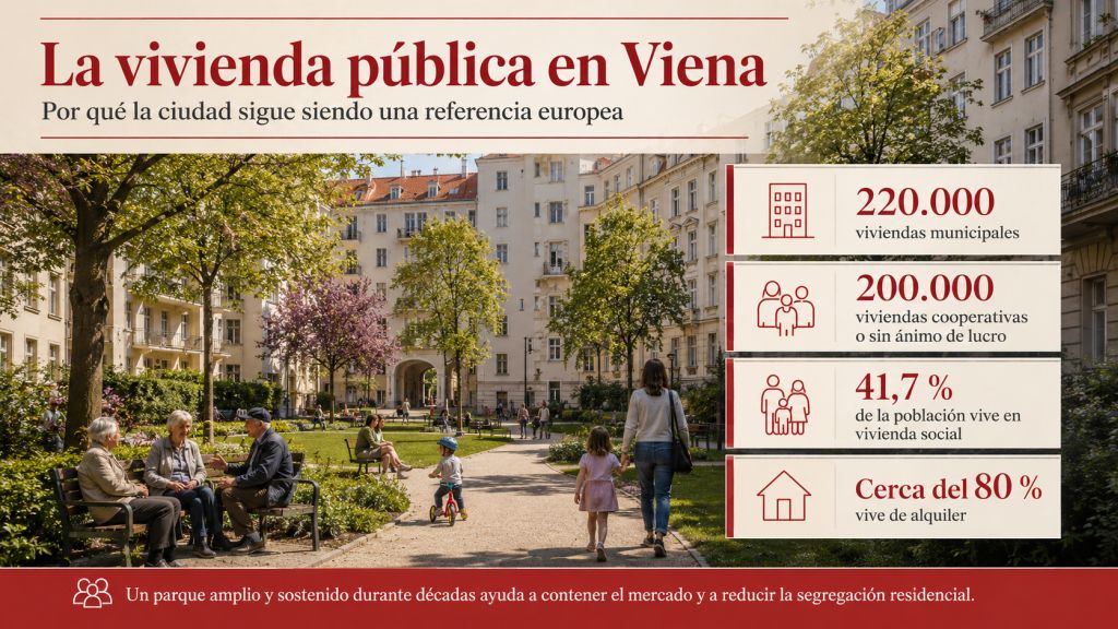 Patio residencial de Viena con zonas verdes y vecinos, acompañado de datos sobre viviendas municipales, cooperativas y el peso de la vivienda social en la ciudad.
