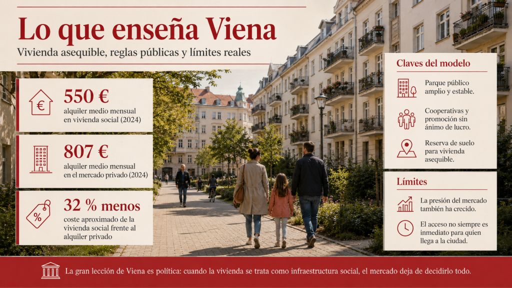 Familia caminando por una calle residencial de Viena junto a datos que comparan el alquiler social y privado, con las claves y límites del modelo de vivienda asequible.
