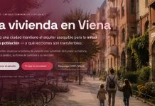 Vivienda en Viena: estudio y simulador del modelo Vista urbana de Viena con edificios residenciales históricos, familias caminando y bicicletas, superpuesta con una interfaz difuminada del estudio sobre vivienda asequible.