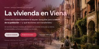 Vista urbana de Viena con edificios residenciales históricos, familias caminando y bicicletas, superpuesta con una interfaz difuminada del estudio sobre vivienda asequible.
