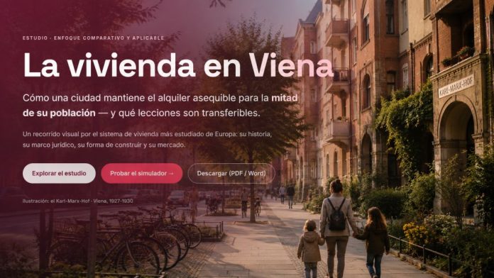 Viena 4 Vista urbana de Viena con edificios residenciales históricos, familias caminando y bicicletas, superpuesta con una interfaz difuminada del estudio sobre vivienda asequible.