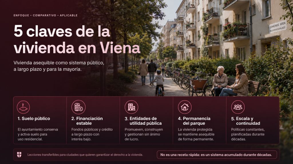 Infografía sobre las cinco claves del modelo de vivienda en Viena: suelo público, financiación estable, entidades de utilidad pública, permanencia del parque y continuidad política.