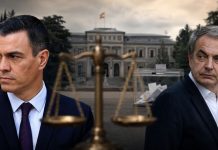 Caso Zapatero: continuar no es mirar hacia otro lado Pedro Sánchez y José Luis Rodríguez Zapatero aparecen separados ante la Moncloa, con una balanza de la Justicia y una urna electoral como símbolos de la investigación y la continuidad política.