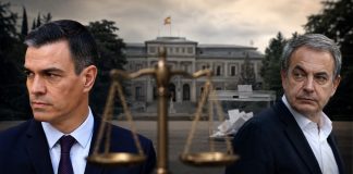 Caso Zapatero: continuar no es mirar hacia otro lado Pedro Sánchez y José Luis Rodríguez Zapatero aparecen separados ante la Moncloa, con una balanza de la Justicia y una urna electoral como símbolos de la investigación y la continuidad política.