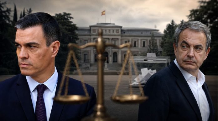 Caso Zapatero: continuar no es mirar hacia otro lado Pedro Sánchez y José Luis Rodríguez Zapatero aparecen separados ante la Moncloa, con una balanza de la Justicia y una urna electoral como símbolos de la investigación y la continuidad política.