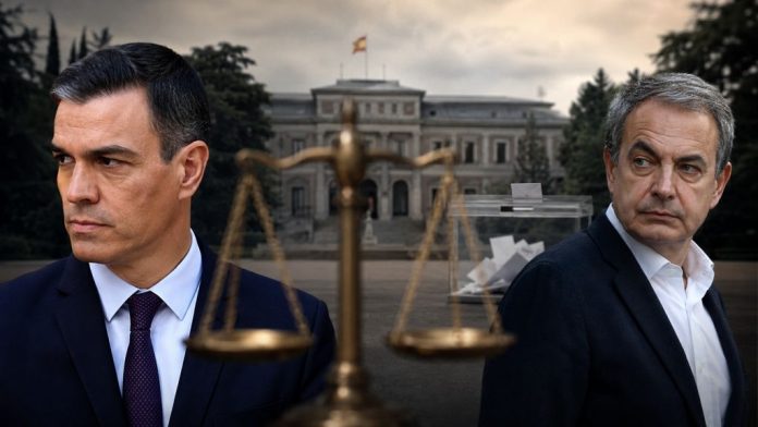 Pedro Sánchez y José Luis Rodríguez Zapatero aparecen separados ante la Moncloa, con una balanza de la Justicia y una urna electoral como símbolos de la investigación y la continuidad política.