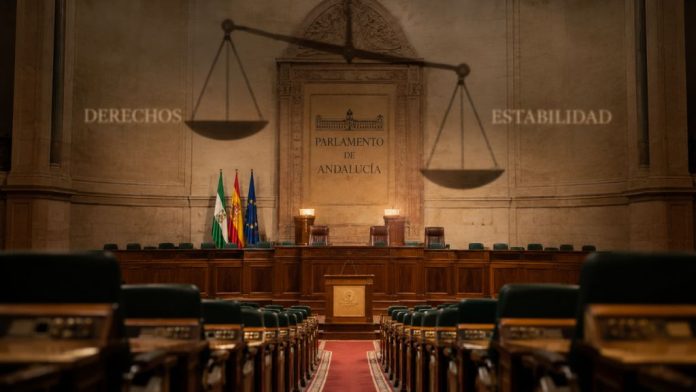 Andalucía 3 Interior vacío del Parlamento de Andalucía, con una gran balanza proyectada sobre el hemiciclo y las palabras “Derechos” y “Estabilidad” a ambos lados.