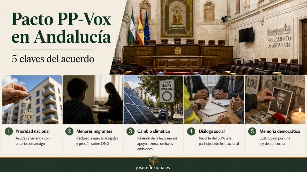 Infografía sobre cinco claves del pacto PP-Vox en Andalucía: prioridad nacional en ayudas y vivienda, menores migrantes, cambio climático, diálogo social y memoria democrática.