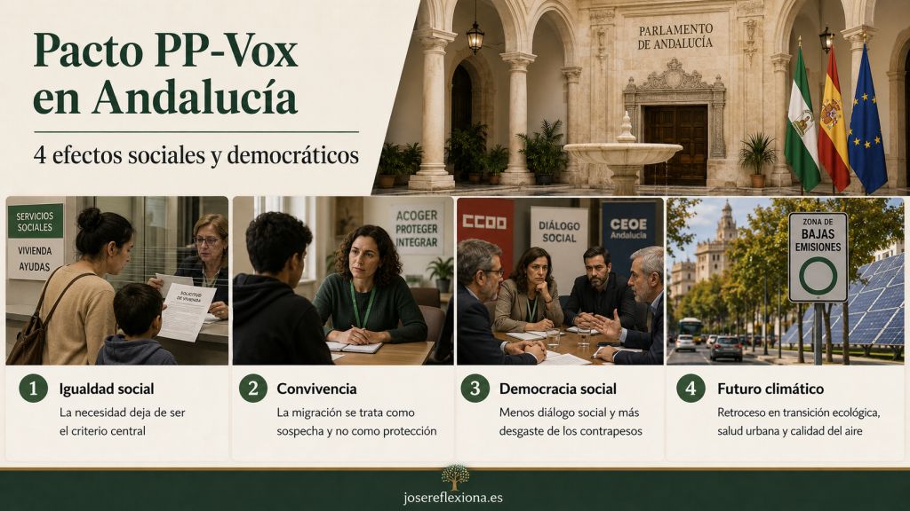 Infografía sobre cuatro efectos sociales y democráticos del pacto PP-Vox en Andalucía: desigualdad social, convivencia, debilitamiento del diálogo social y retroceso climático.