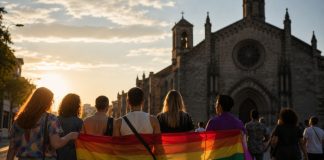 Declaraciones de Argüello: el Orgullo LGTBI+ no es pecado Grupo diverso de personas camina con una bandera arcoíris frente a una iglesia al atardecer, como símbolo del contraste entre condena religiosa y dignidad LGTBI+.