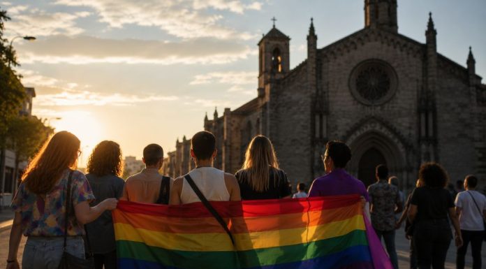 Declaraciones de Argüello: el Orgullo LGTBI+ no es pecado Grupo diverso de personas camina con una bandera arcoíris frente a una iglesia al atardecer, como símbolo del contraste entre condena religiosa y dignidad LGTBI+.