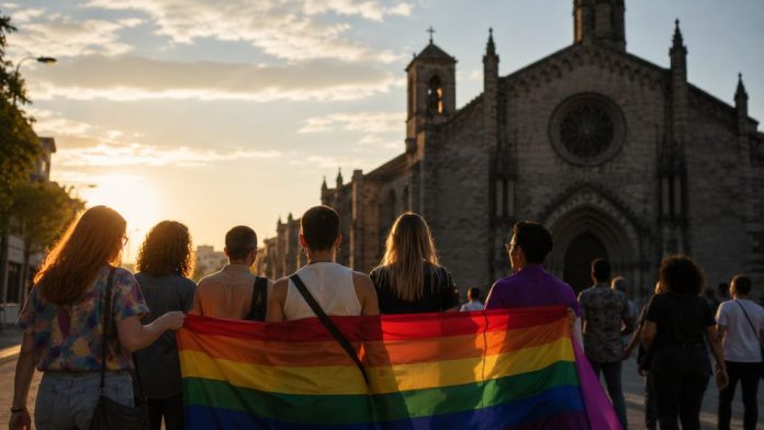 Grupo diverso de personas camina con una bandera arcoíris frente a una iglesia al atardecer, como símbolo del contraste entre condena religiosa y dignidad LGTBI+.