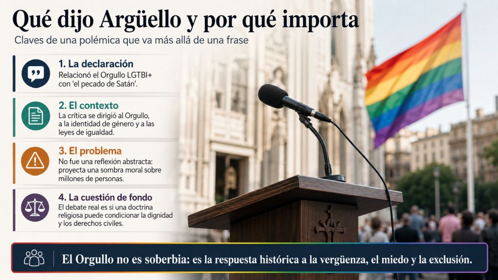 Atril con micrófono ante una iglesia y una bandera arcoíris, junto a las claves de las declaraciones de Luis Argüello y su impacto sobre el colectivo LGTBI+.