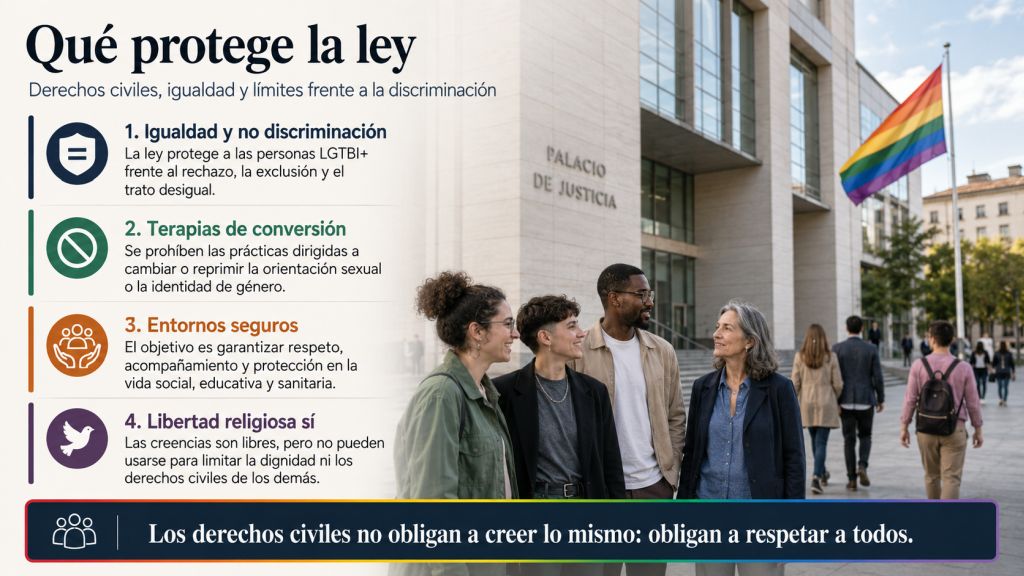 Personas diversas frente a un edificio judicial acompañan una explicación sobre igualdad, prohibición de terapias de conversión y protección legal de los derechos LGTBI+.