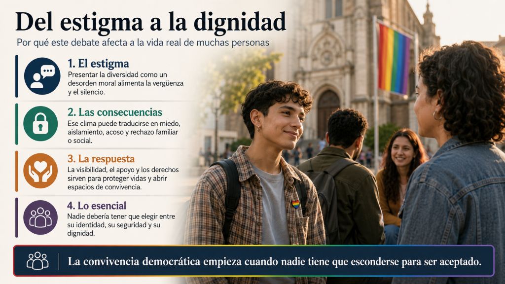 Jóvenes conversan ante una iglesia con una bandera arcoíris mientras se explican las consecuencias del estigma y la importancia de la dignidad, el apoyo y la convivencia.