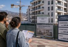 Vivienda asequible en Canarias: licencias no bastan Pareja observa una promoción residencial en construcción en Canarias mientras compara sus ingresos con los elevados precios anunciados de las viviendas.